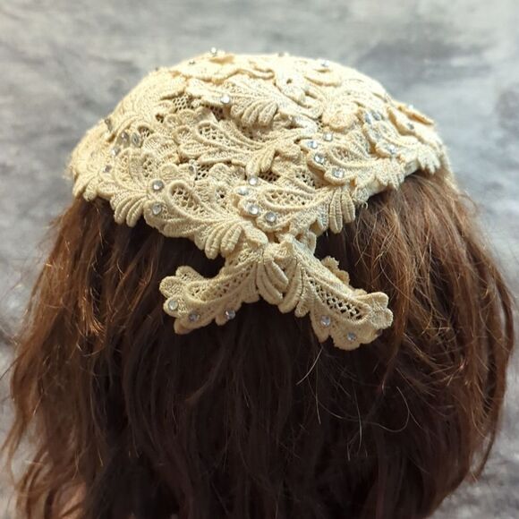 Vintage 1950's Womens Emporium Hat San Francisco New York Rhinestones Cream - Picture 4 of 9